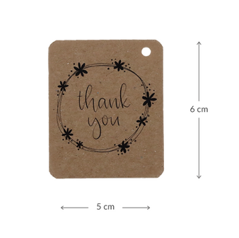 Kraftlabel 50 x 60 mm met boorgat met de tekst &#039;Thank you&#039; - Maatgeving