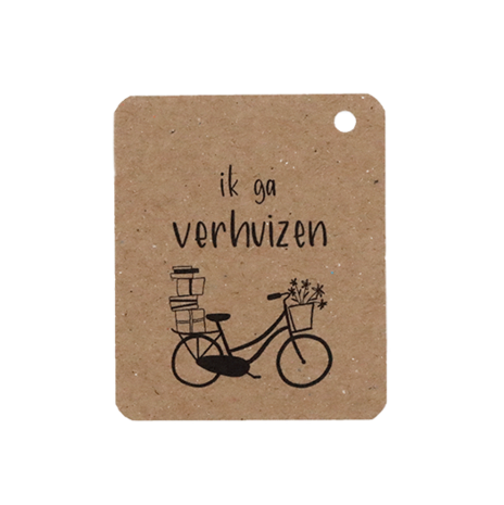 Voorkant kraftlabel 50 x 60 mm met boorgat met de tekst 'Ik ga verhuizen'