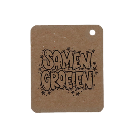 Voorkant kraftlabel 50 x 60 mm met boorgat met de tekst 'Samen groeien'