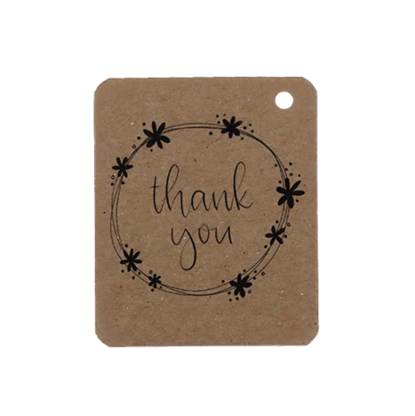 Voorkant kraftlabel 50 x 60 mm met boorgat met de tekst 'Thank you'