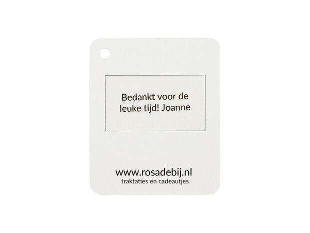 Achterkant label - bedankje zaden in linnenzakje met ruimte voor gepersonaliseerde tekst op een sticker.