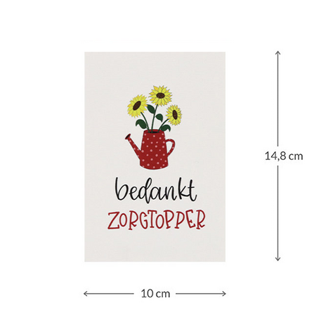 Bloemenzaden met kaart 'Bedankt zorgtopper' verpakt in pergamijn zakje