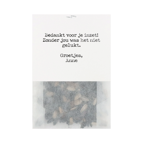 Bedankt voor de samenwerking - bedankje zaden in pergamijn zakje met klapkaartje 